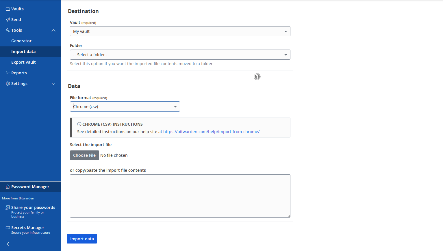 Back in Bitwarden dashboard, click on Choose File
