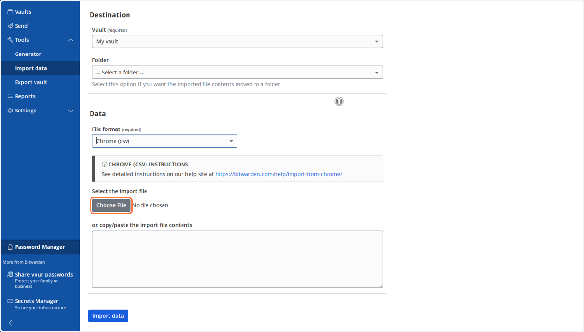 Back in Bitwarden dashboard, click on Choose File