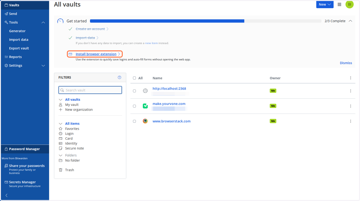 Next let's install the Bitwarden browser extension