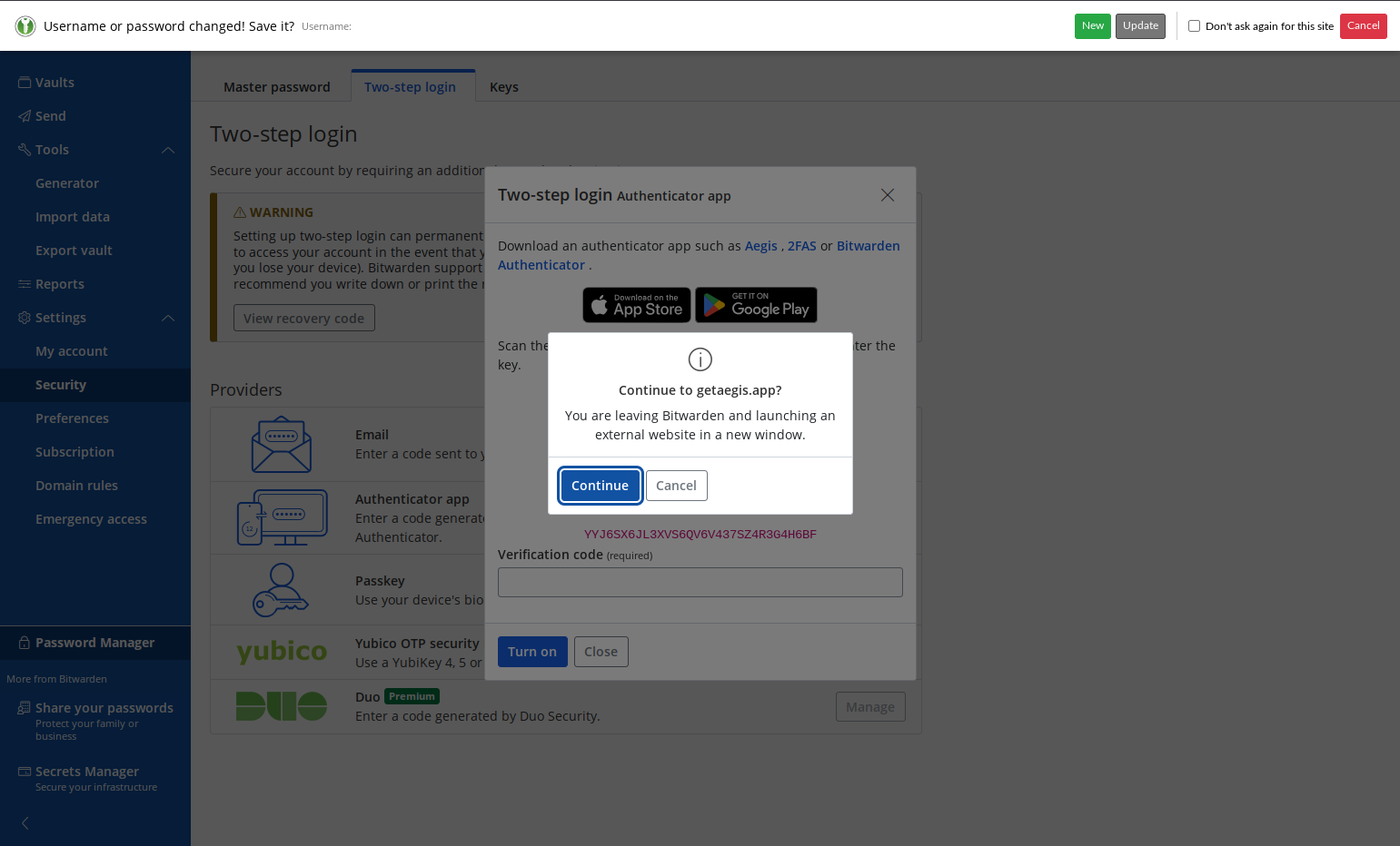 Click Continue to open a new tab to download the Aegis app