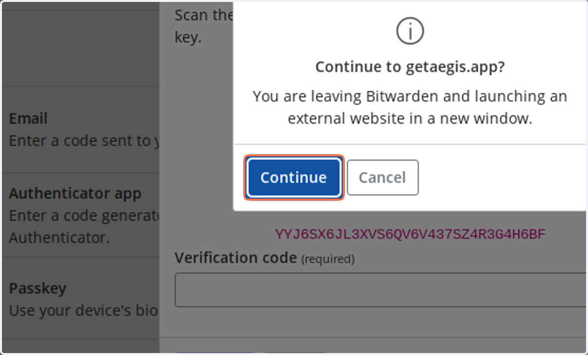 Click Continue to open a new tab to download the Aegis app