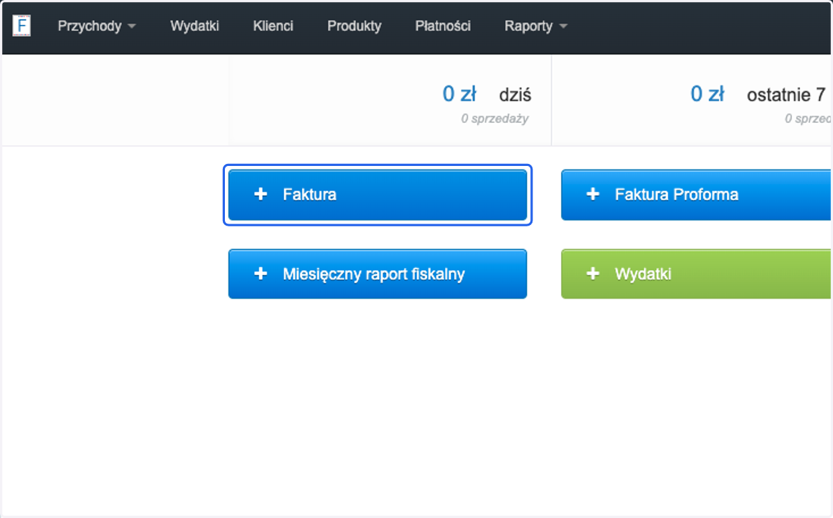 Teraz utwórz nowy dokument, klikając +Faktura