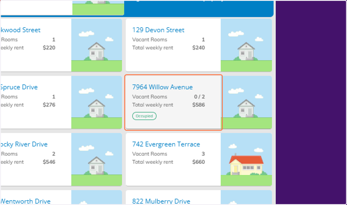 This will show an up to date view of each house, showing the vacant rooms and if the property is occupied. As above, you can click on any of these properties to view the full property card.