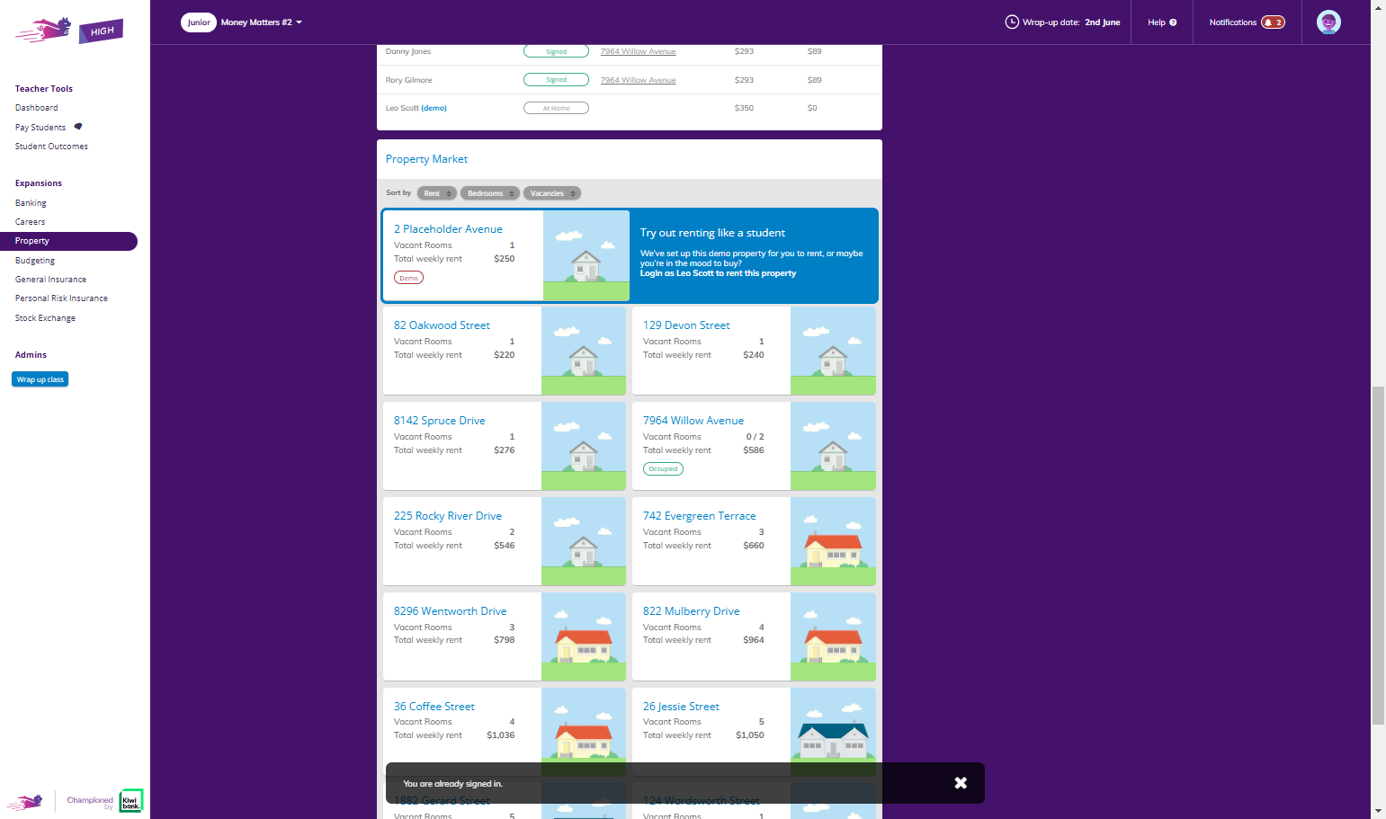 Below the Property Overview you will also find a full view of the Property Market that your students will be interacting with.