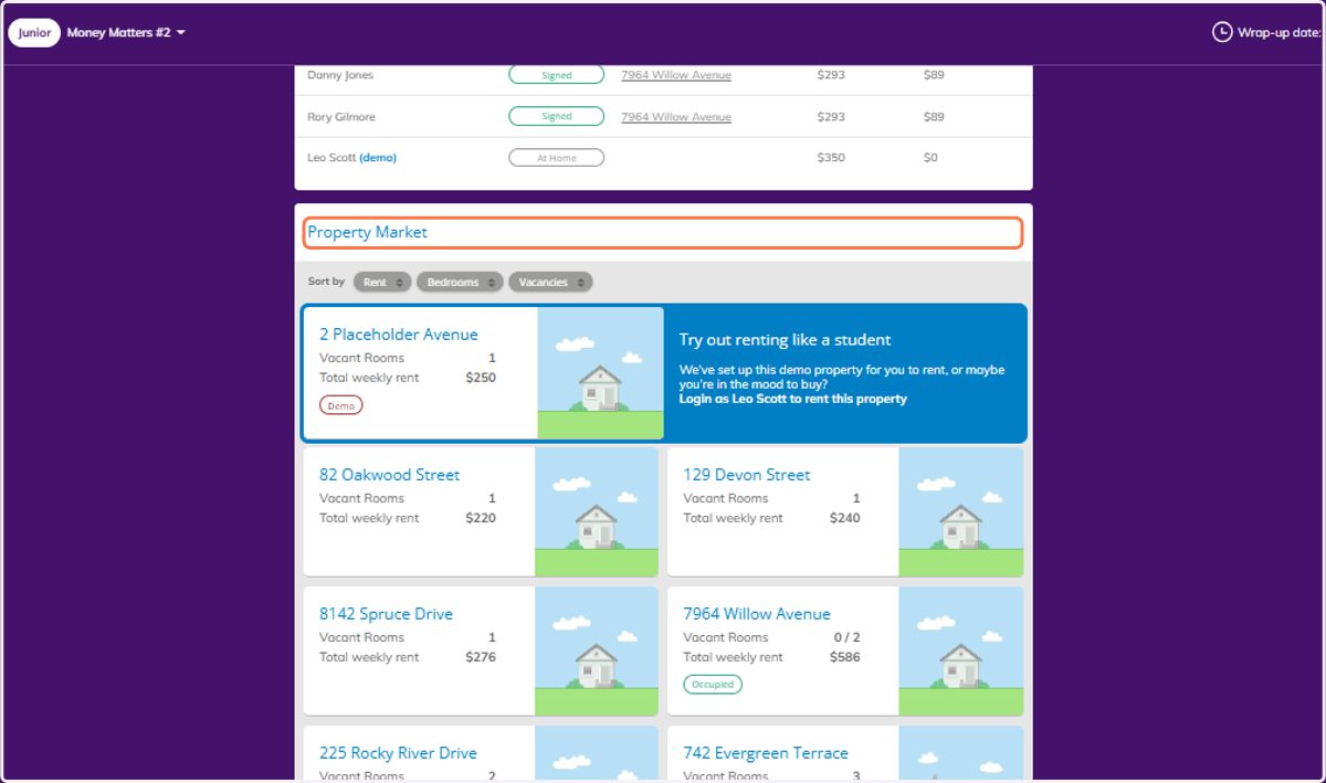 Below the Property Overview you will also find a full view of the Property Market that your students will be interacting with.