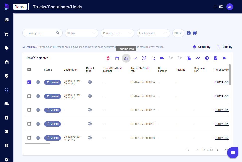 Select the truck/container and click on 'Hedging info'