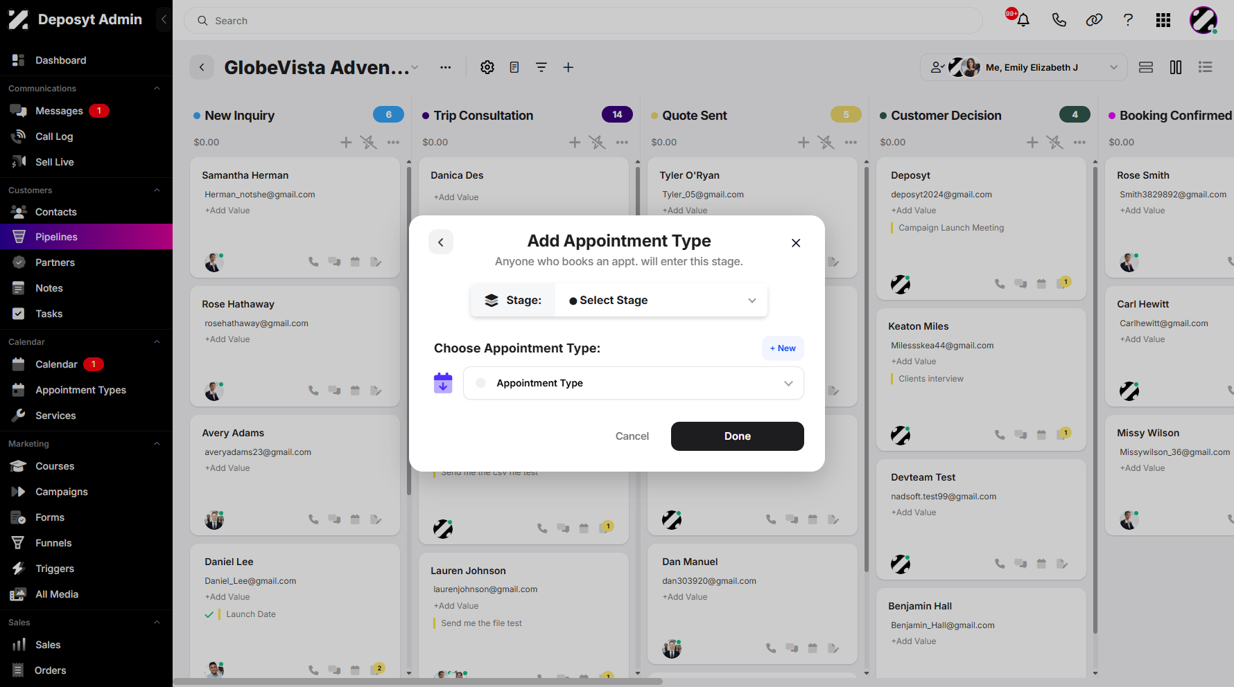 Step 8: A pop-up window will appear where you can select a stage, create a new appointment type, or choose from an existing list.