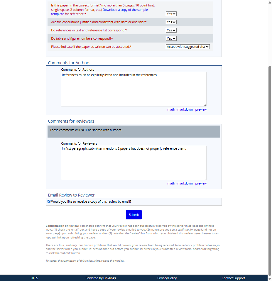 If you want a copy of the review for your records, make sure to check the 'Email Review' checkbox. Then press the 'Submit' button to save your review.