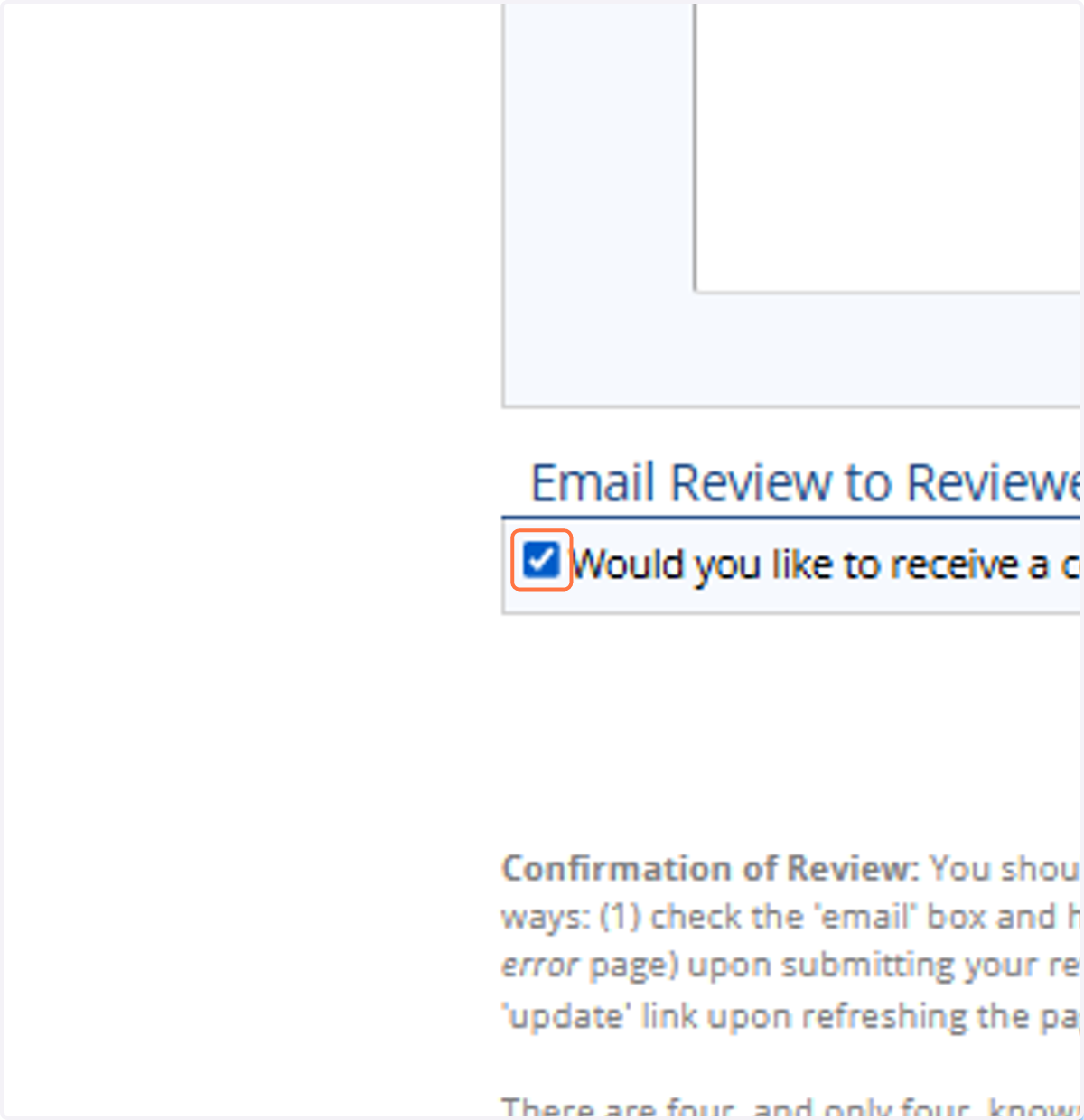 If you want a copy of the review for your records, make sure to check the 'Email Review' checkbox. Then press the 'Submit' button to save your review.