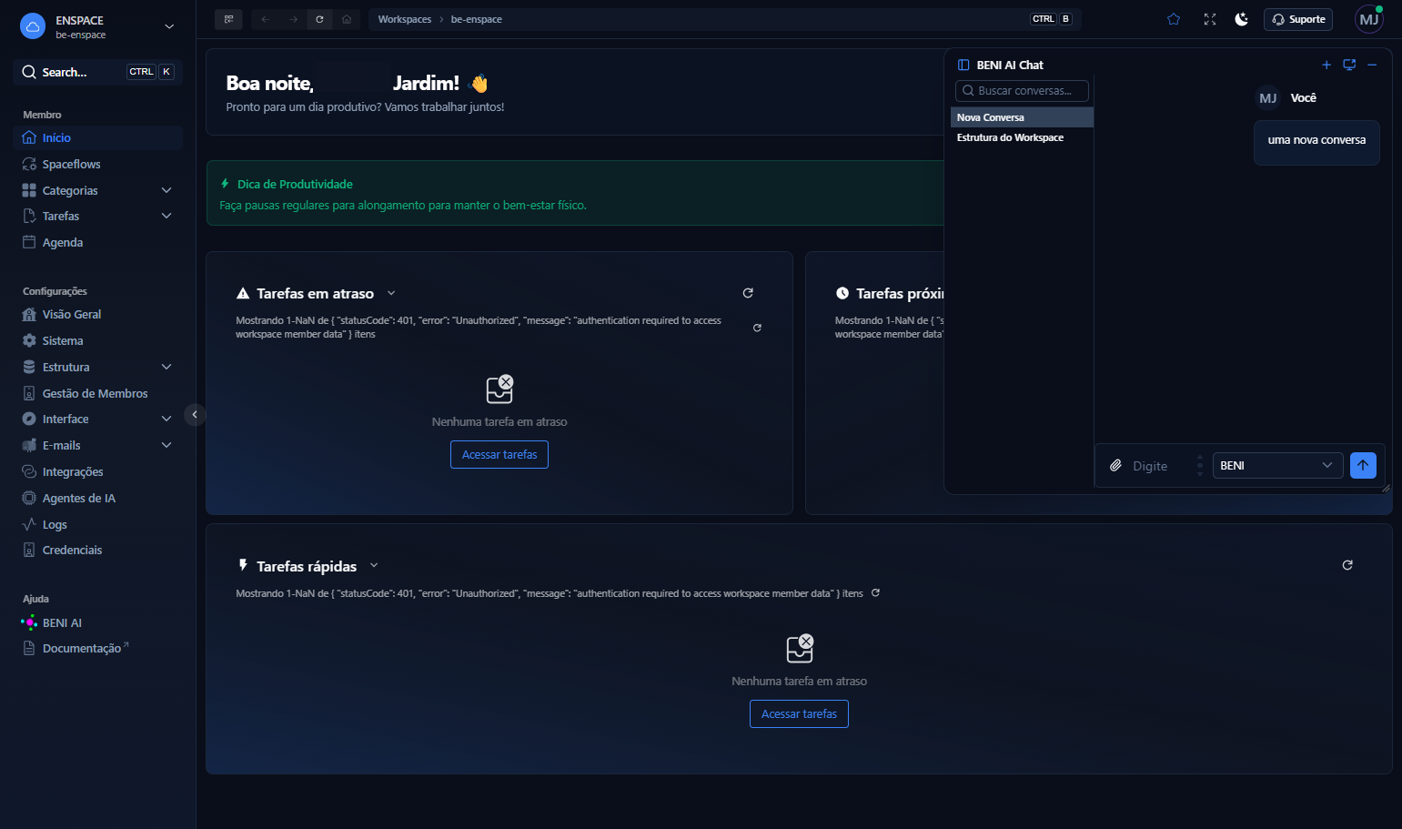 Clicando no topo do chat, você pode reposicioná-lo como desejar. O chat ficará fixo na posição e no tamanho escolhidos enquanto você usa o ENSPACE.