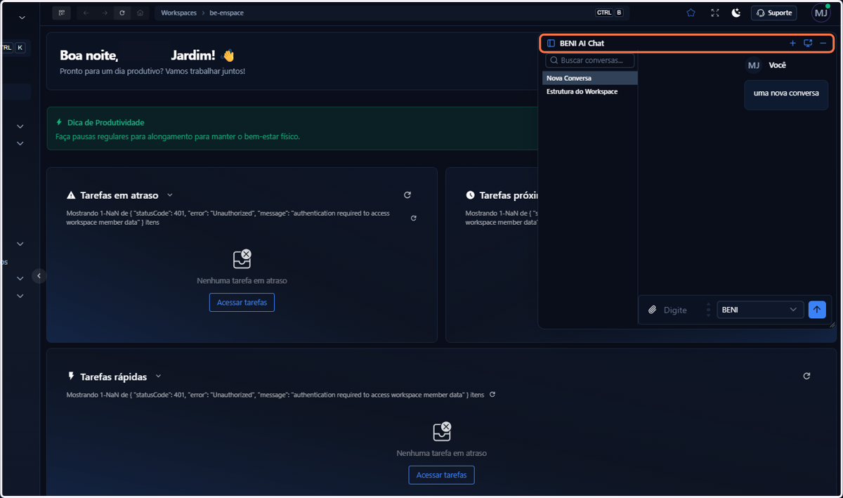 Clicando no topo do chat, você pode reposicioná-lo como desejar. O chat ficará fixo na posição e no tamanho escolhidos enquanto você usa o ENSPACE.