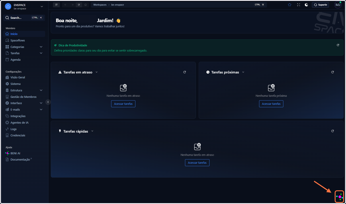 Em qualquer tela do seu workspace, clique no ícone flutuante do BENI AI