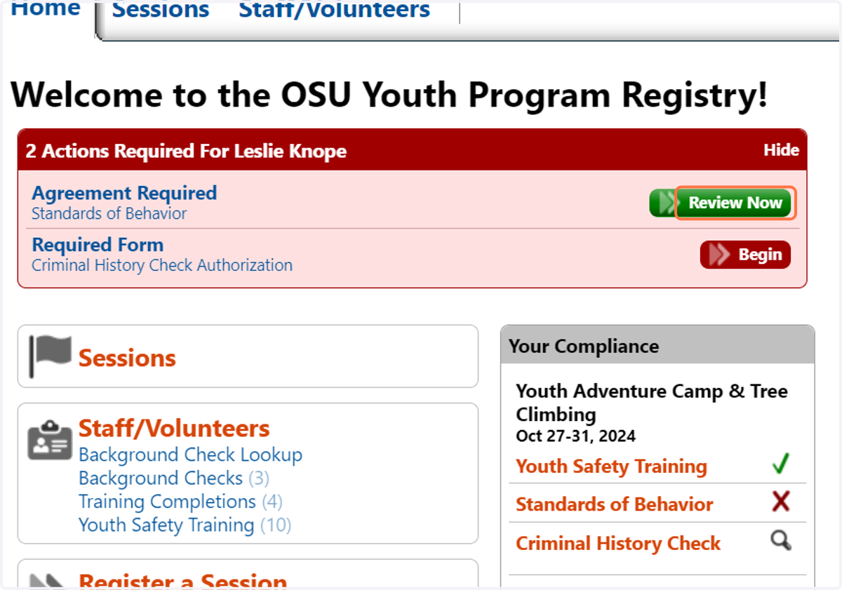 Click the Review Now button in the Action Required banner at the top of the Home tab