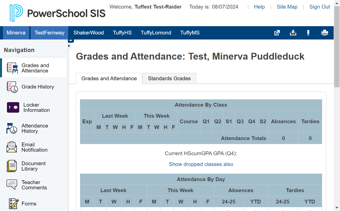 Click on the name of your student along the top