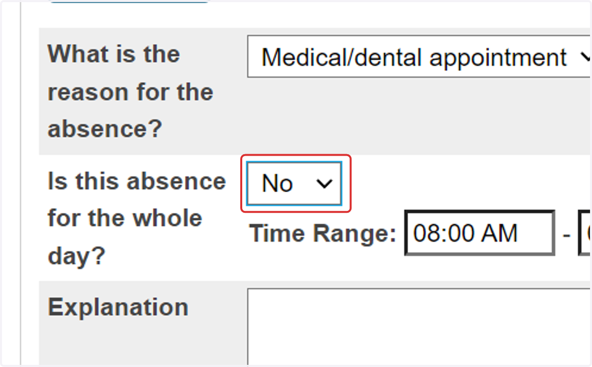 Select Yes or No to indicate if the absence is for the entire day