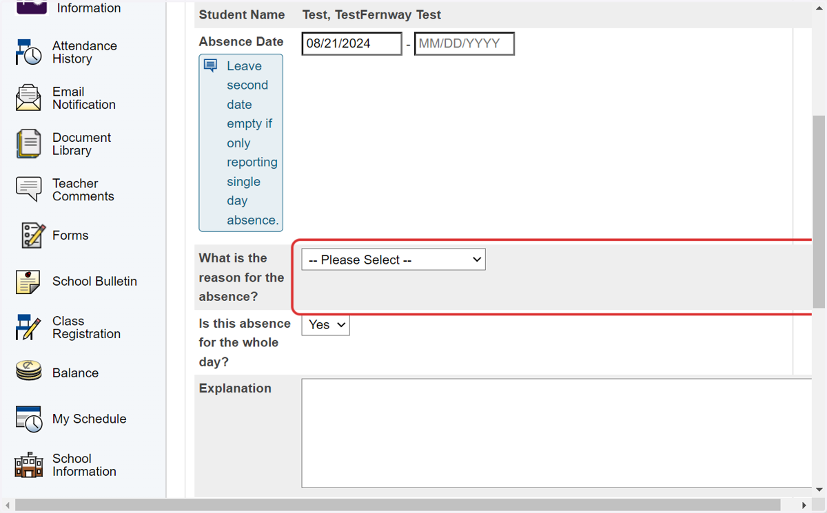 From the drop-down menu, select the reason for the absence