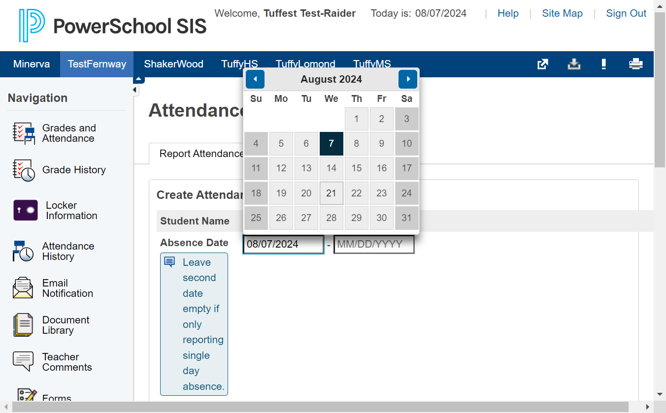 Select the date for the absence