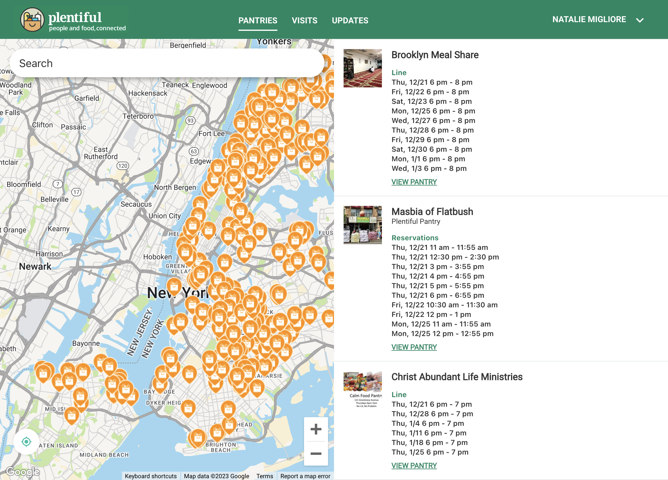 When you open Plentiful on your computer, the app will open up to a map on the lefthand side and a list on the right-hand side. The pins on the map represent every provider who currently uses Plentiful.