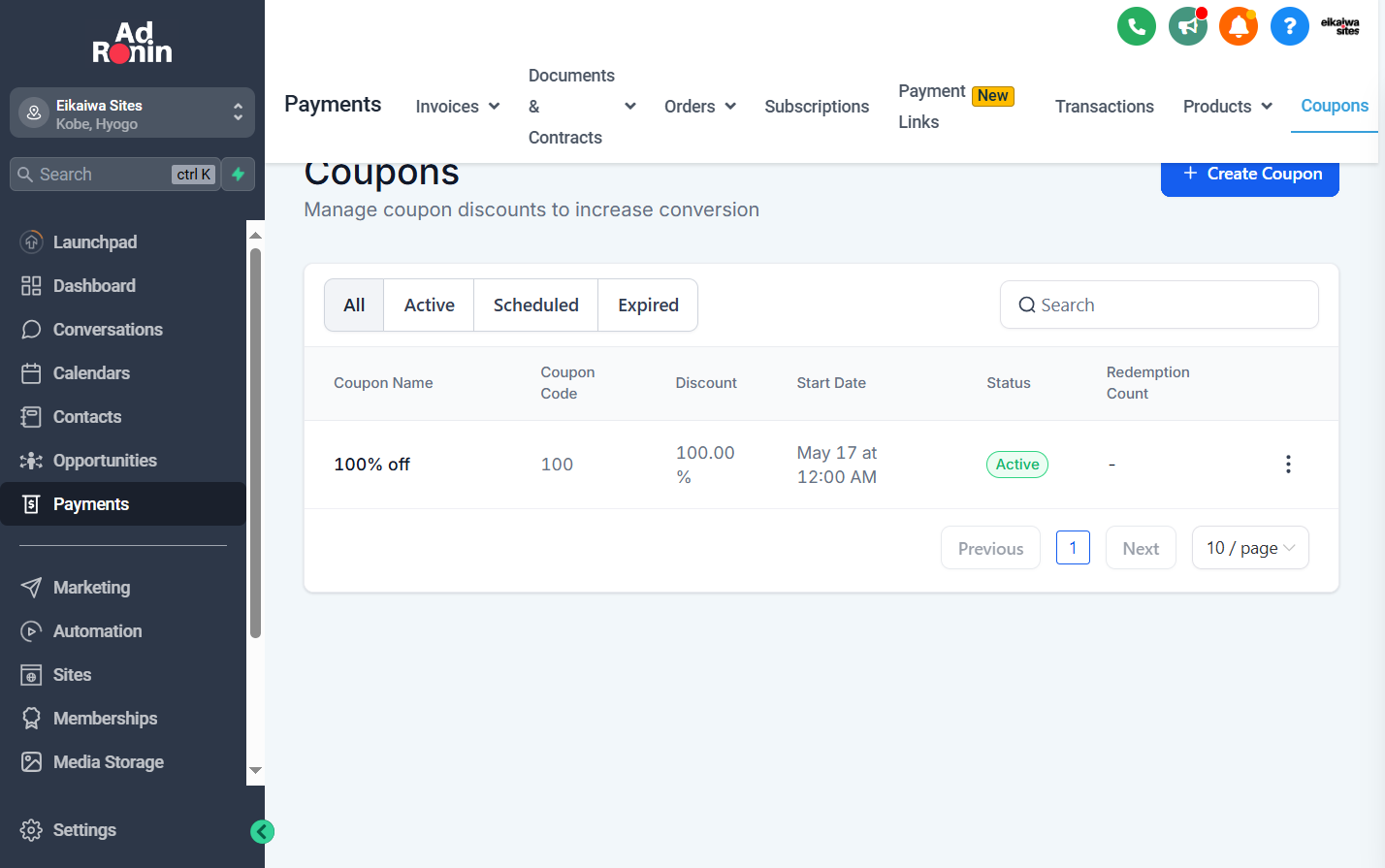 Click on Create Coupon