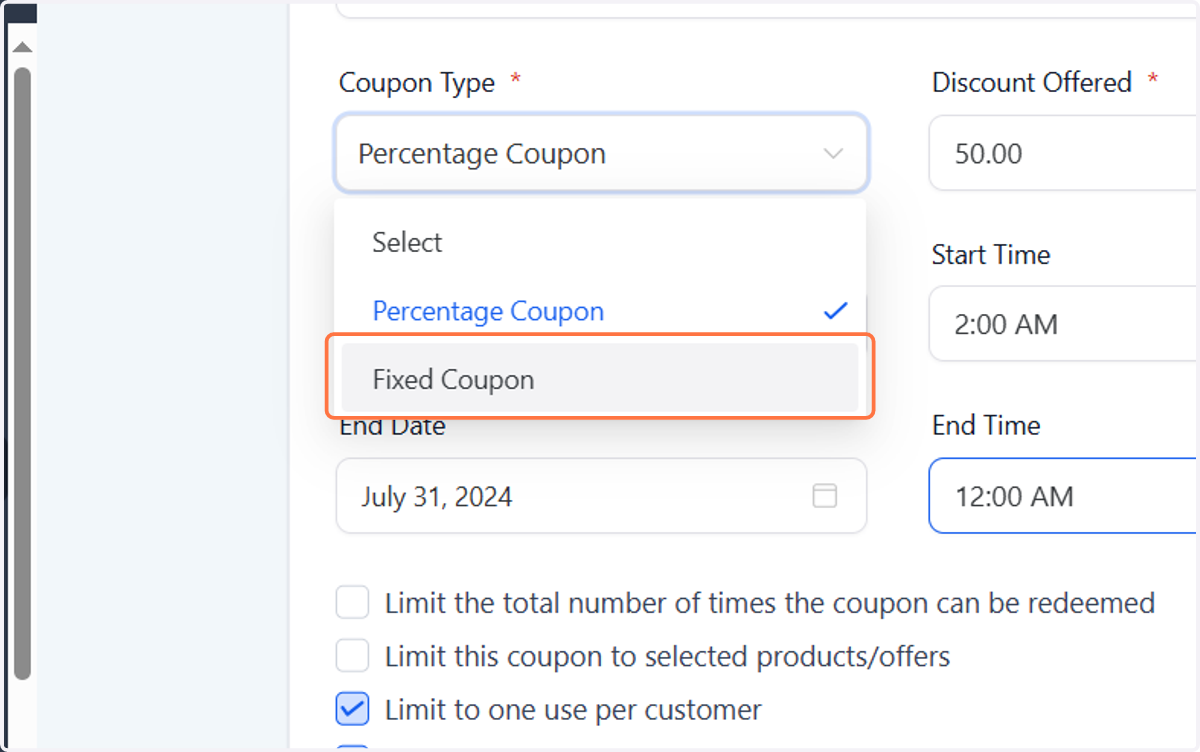 Option 2 - A Fixed Coupon gives a fixed discount. E.g. $20 Off