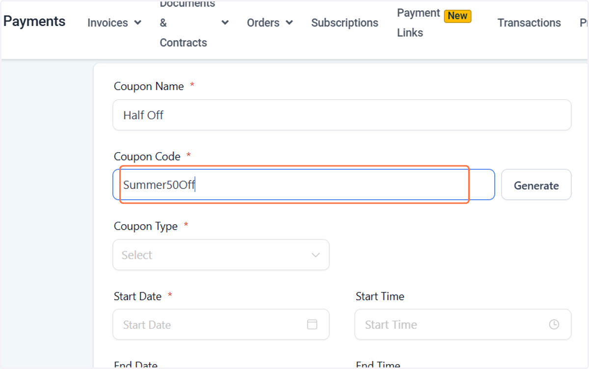 Type the actual code that customers will enter