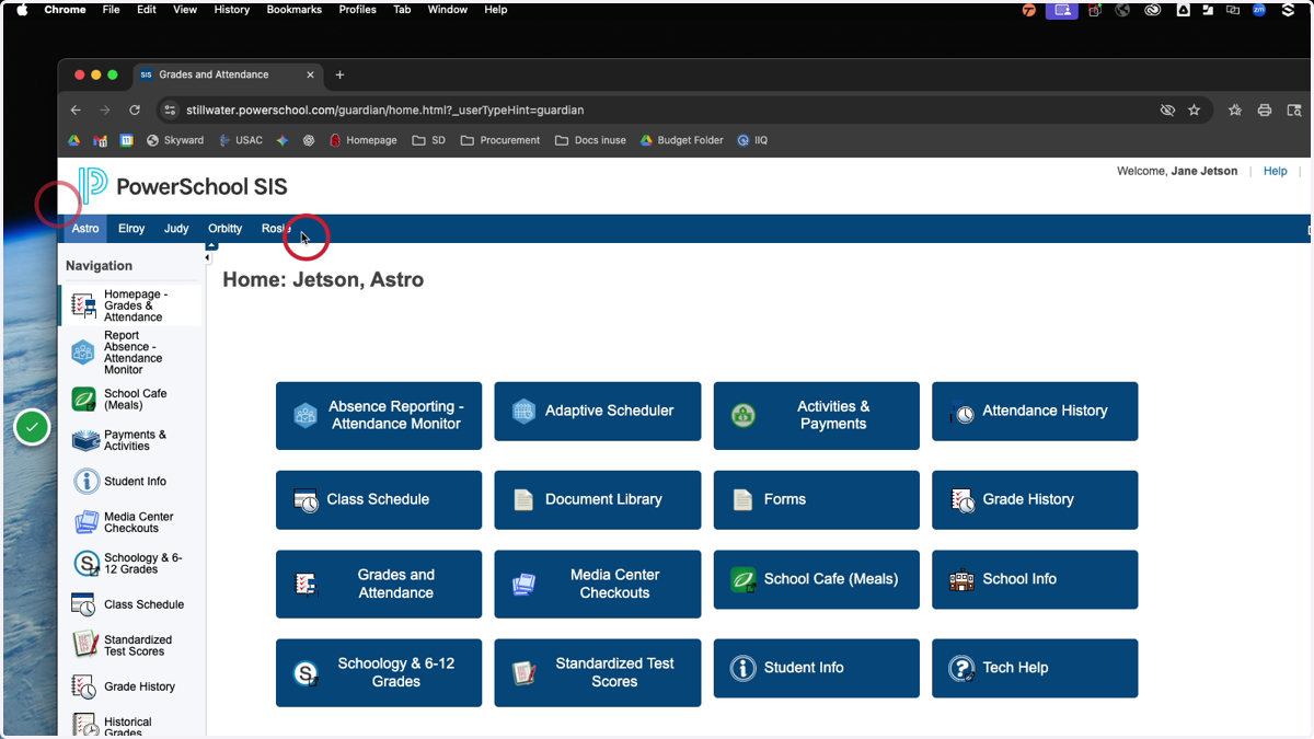 Across the top are your students you can move to different students by selecting their names! You have successfully logged into PowerSchool for Stillwater Area Schools!