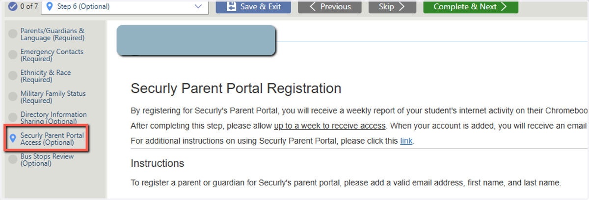 Select Securly Parent Portal Access (Optional) from the list on the left
