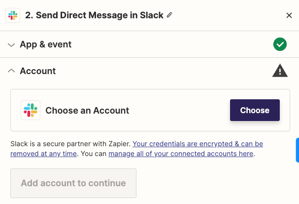 Choose Slack account to connect.
