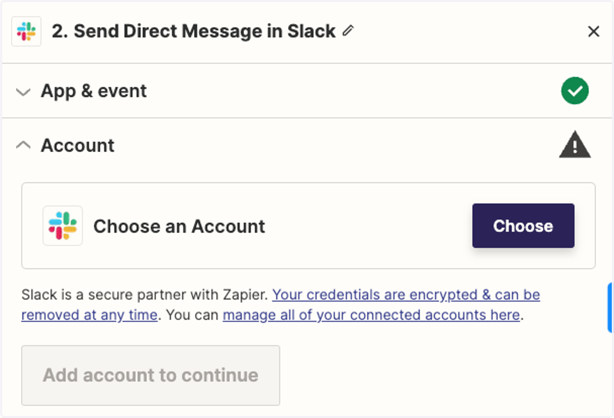 Choose Slack account to connect.