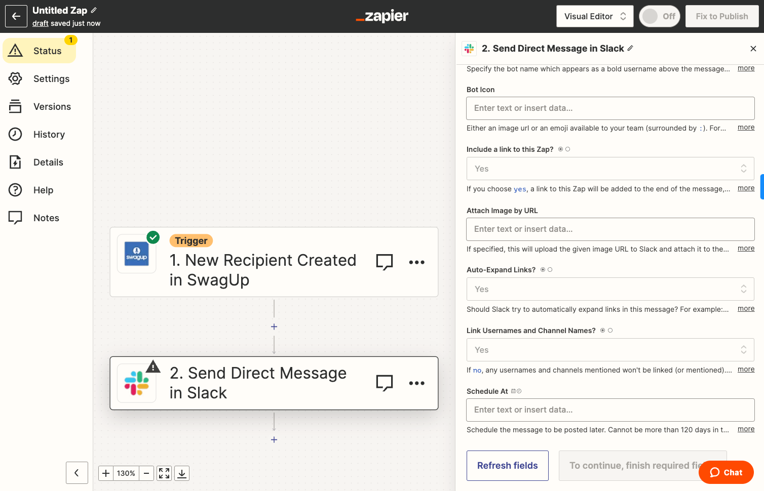 Finish all required fields and click Publish to begin receiving Slack messages.