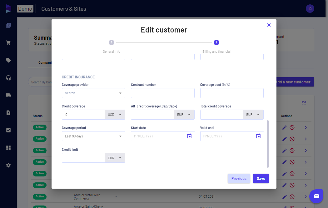 In the "Credit insurance" category, you can enter general details (coverage provider, contract number, coverage cost, validity period), enter your coverage (main and additional) as well as your credit limit
