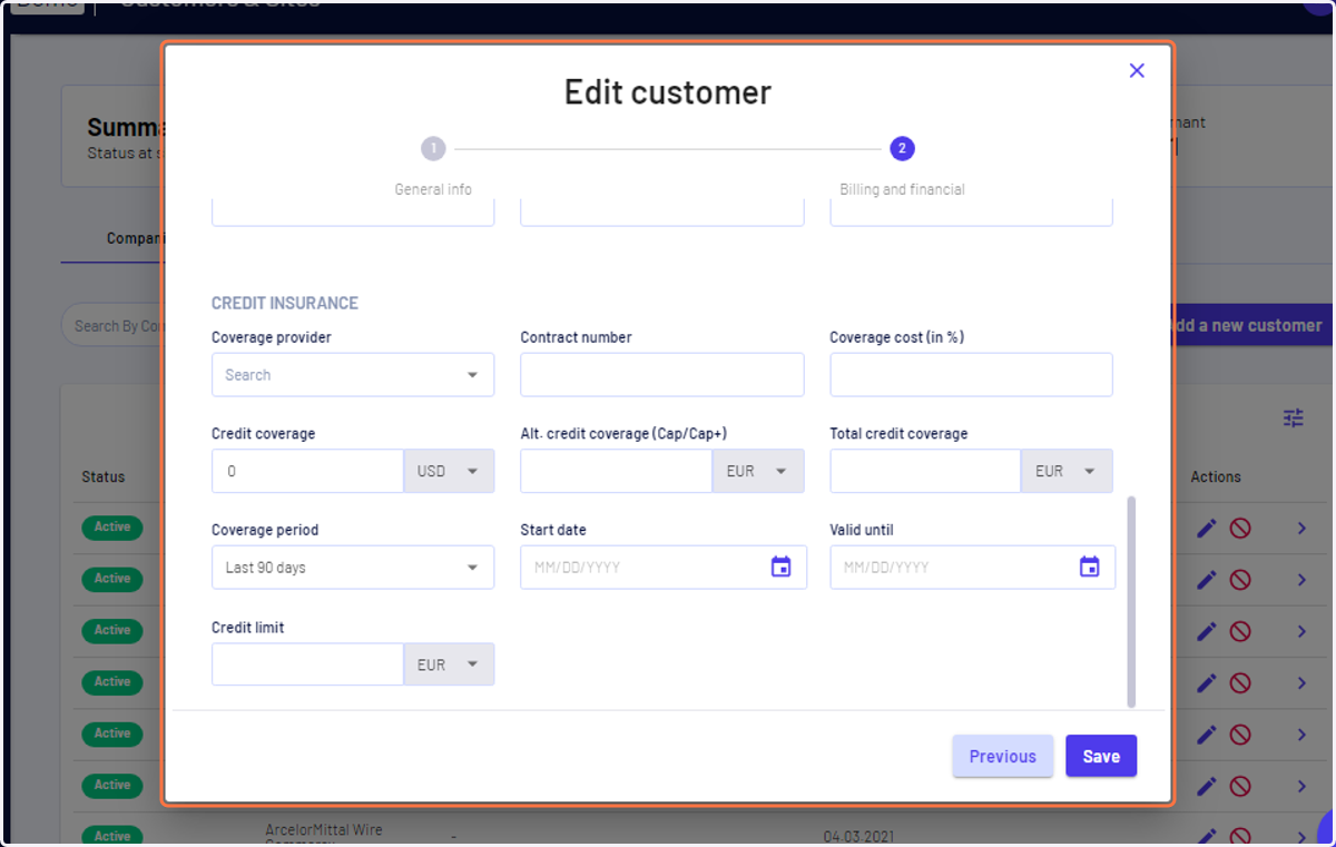 In the "Credit insurance" category, you can enter general details (coverage provider, contract number, coverage cost, validity period), enter your coverage (main and additional) as well as your credit limit
