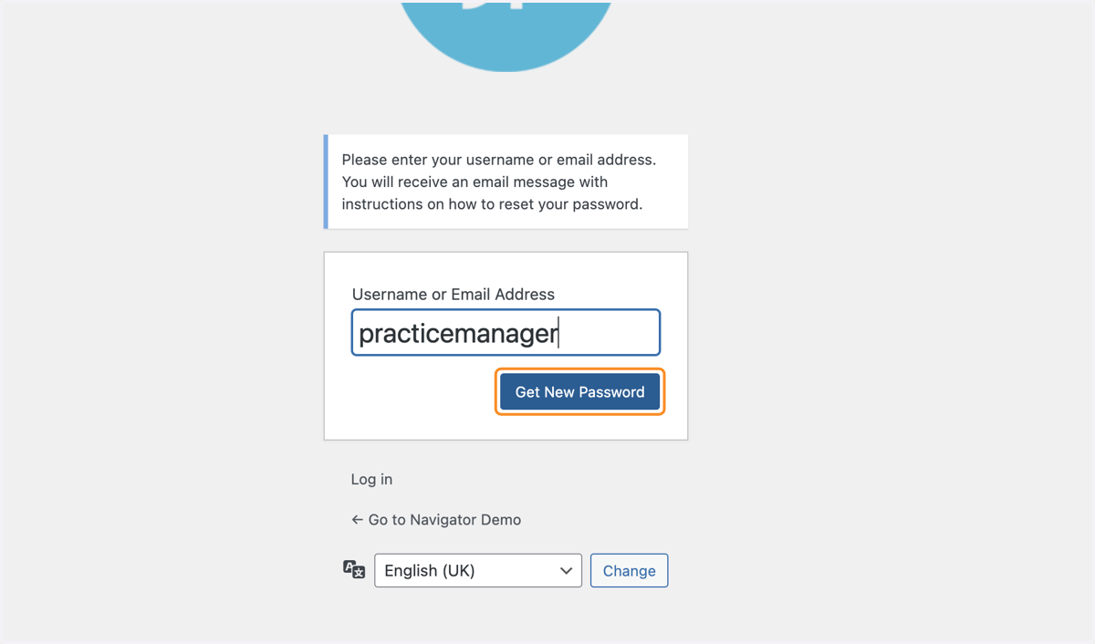 The Get New Password button selected