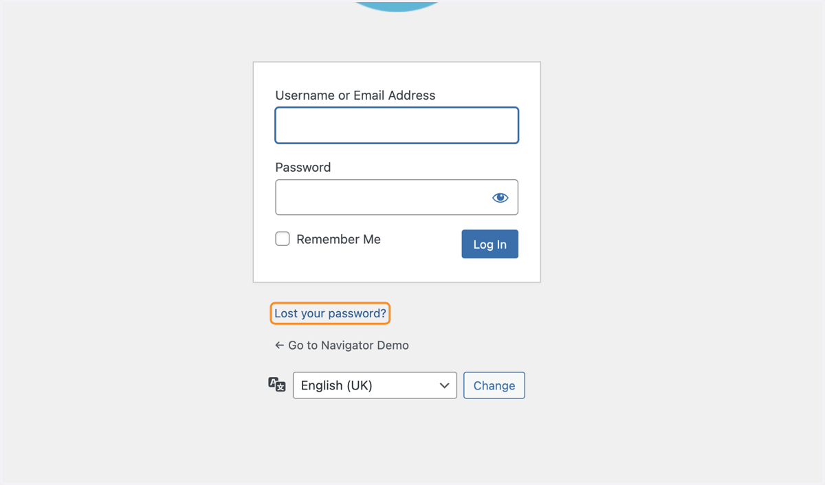 The Lost your password? link selected below the main box of the Log in screen