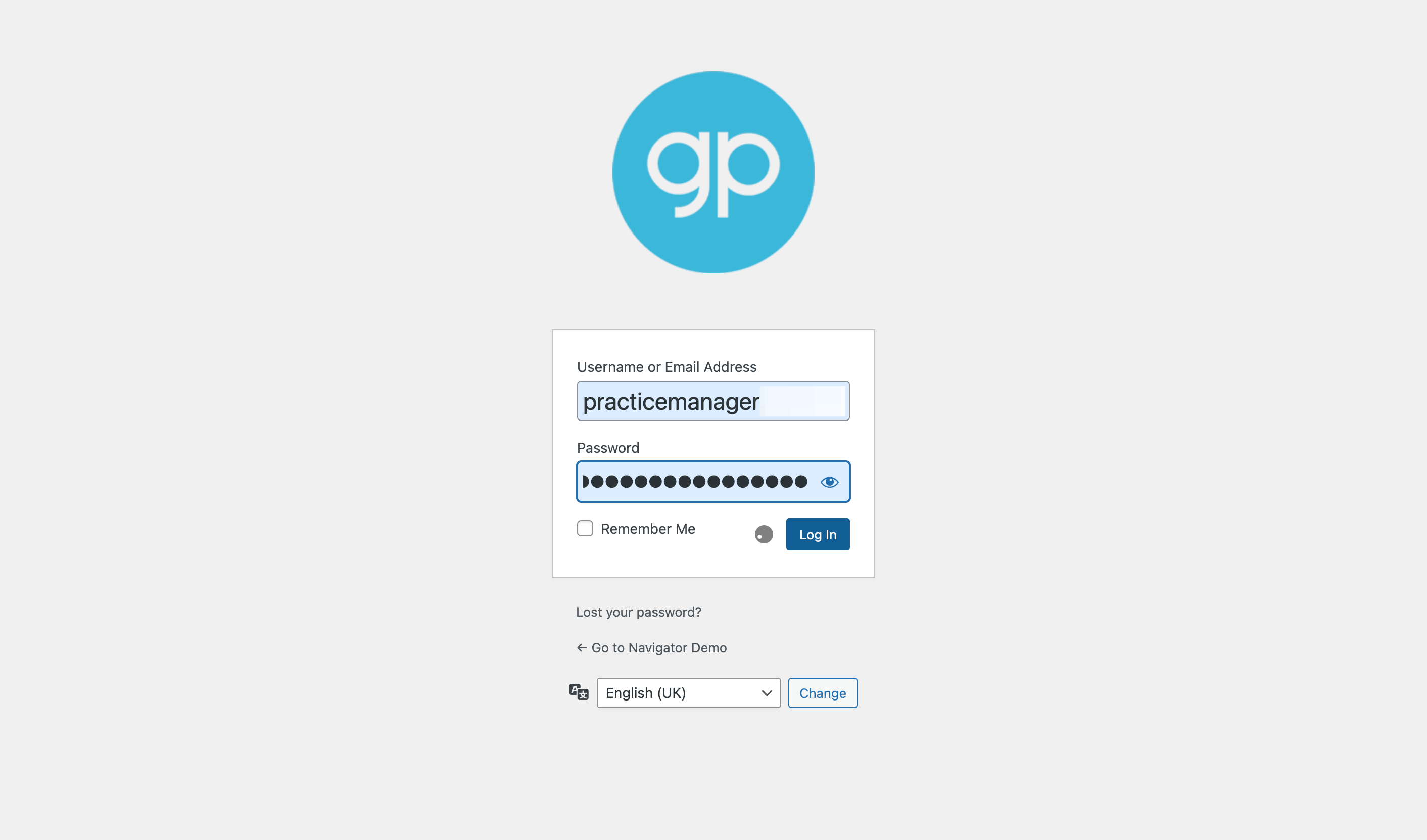 The Log In screen