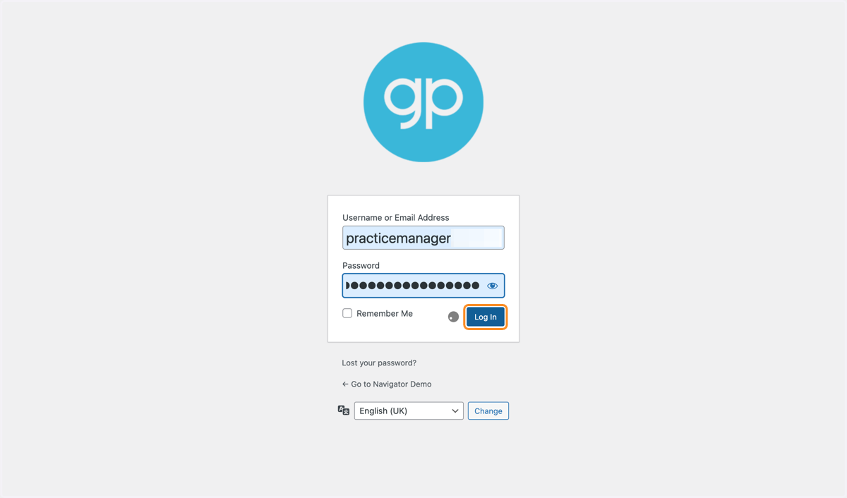 The Log In screen
