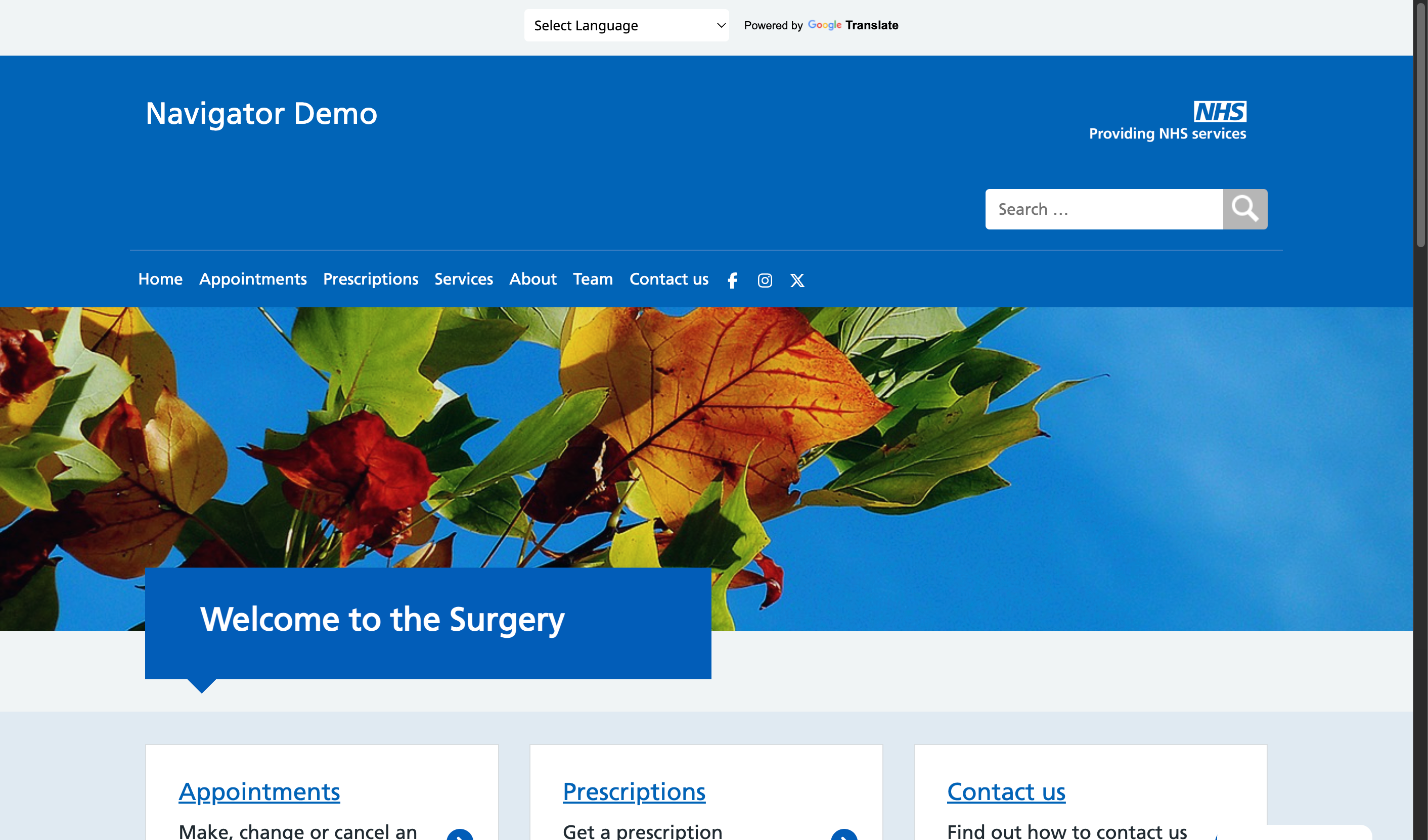 The homepage of a Navigator website