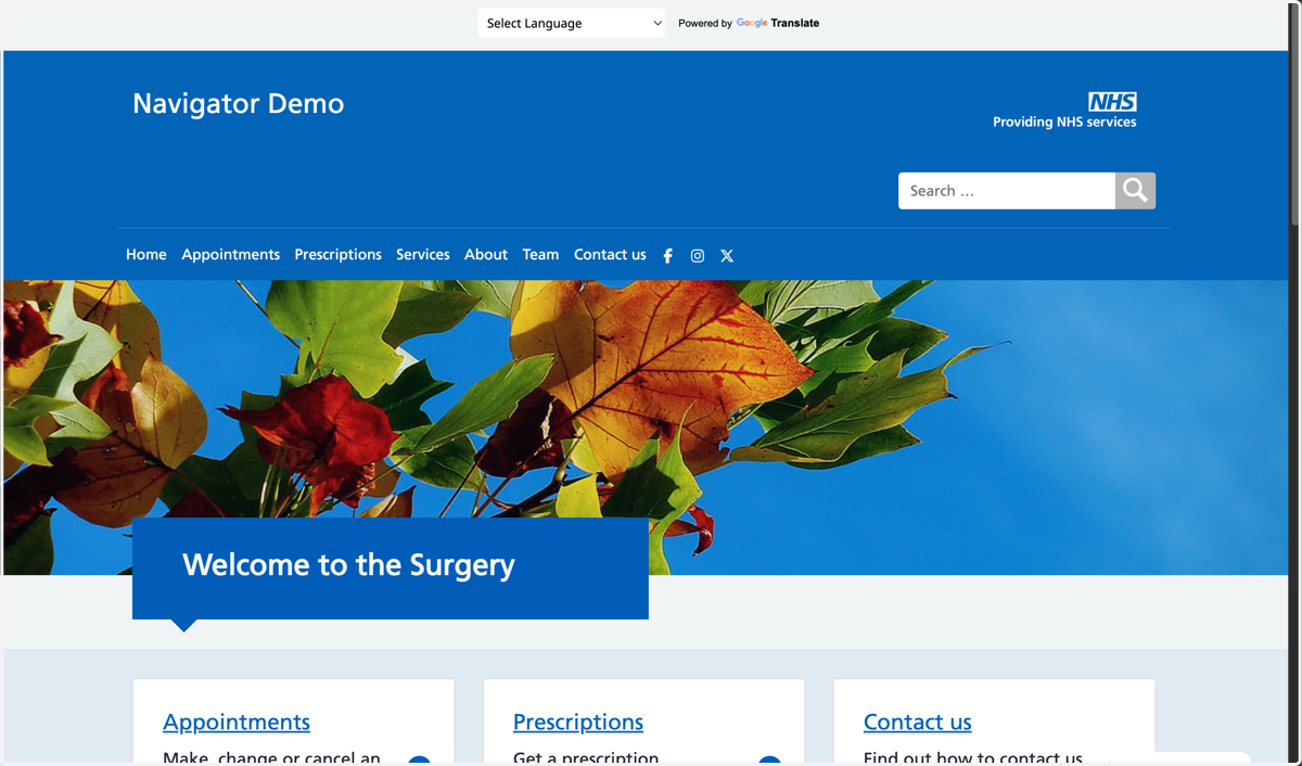 The homepage of a Navigator website
