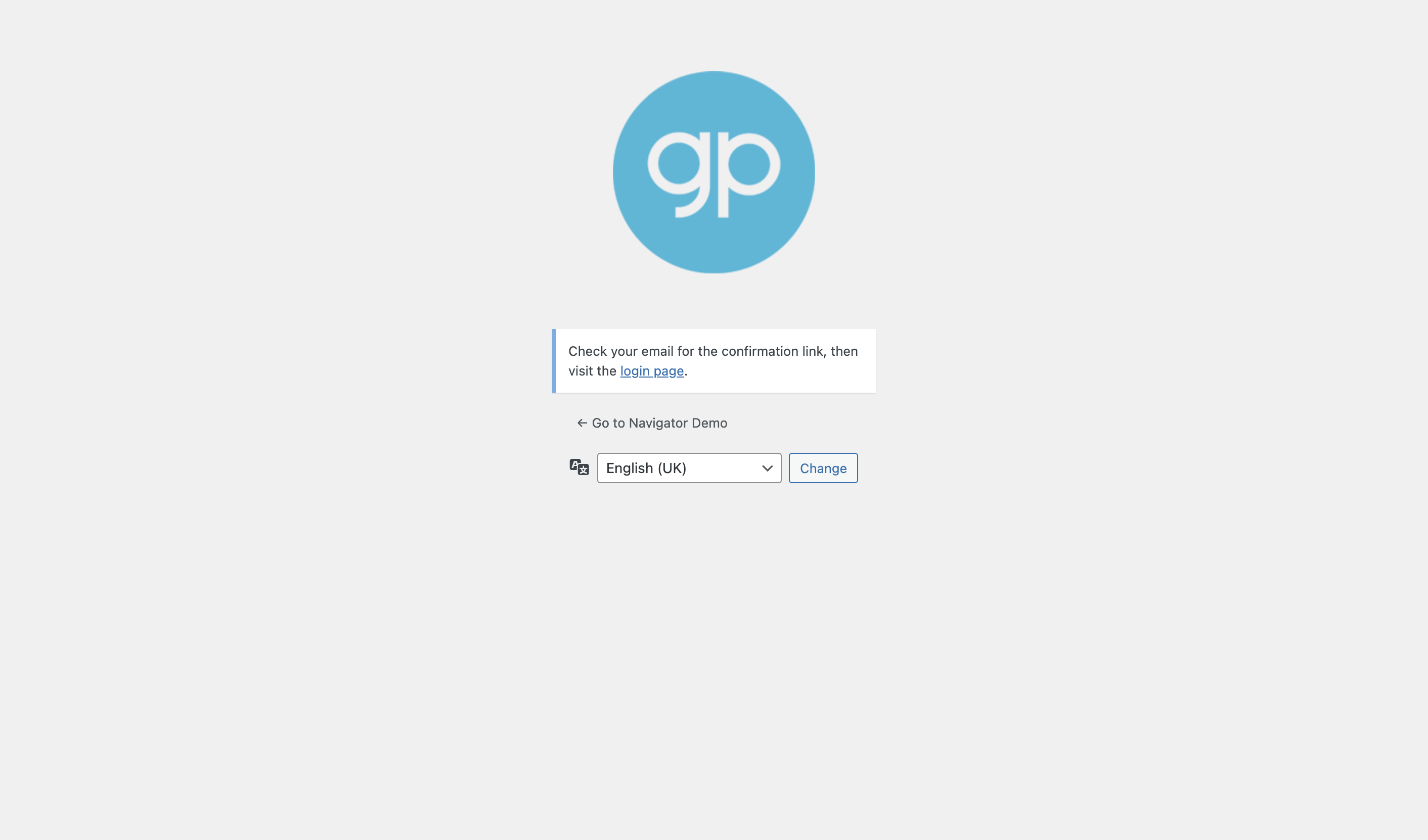 The confirmation link "Check your email for the confirmation link, then visit the login page."