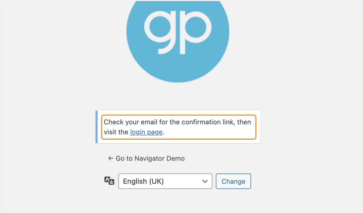 The confirmation link "Check your email for the confirmation link, then visit the login page."