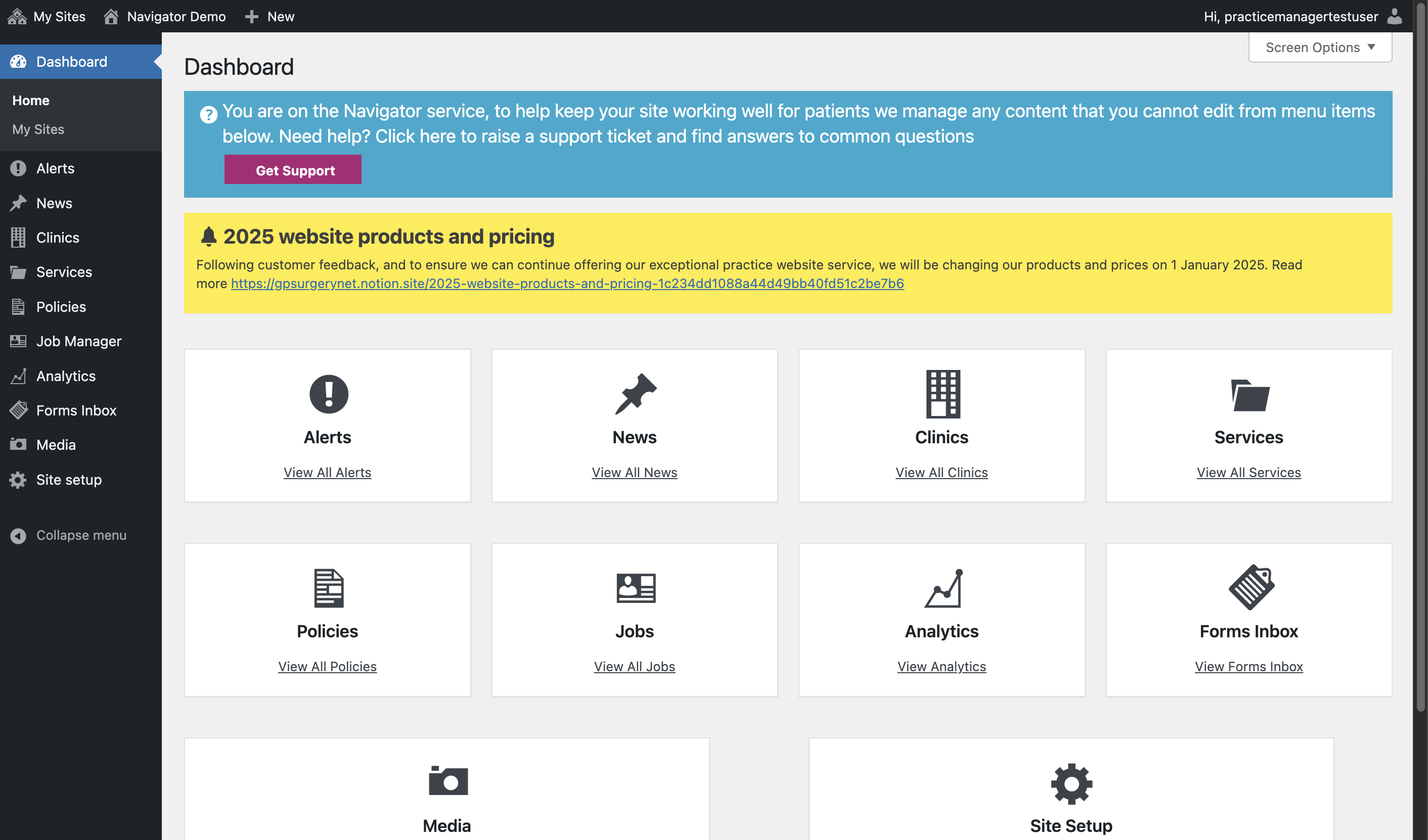 The Dashboard of a Navigator website.