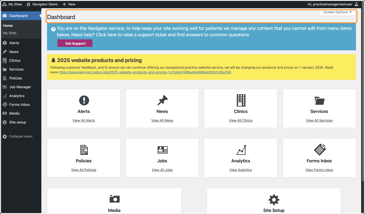 The Dashboard of a Navigator website.