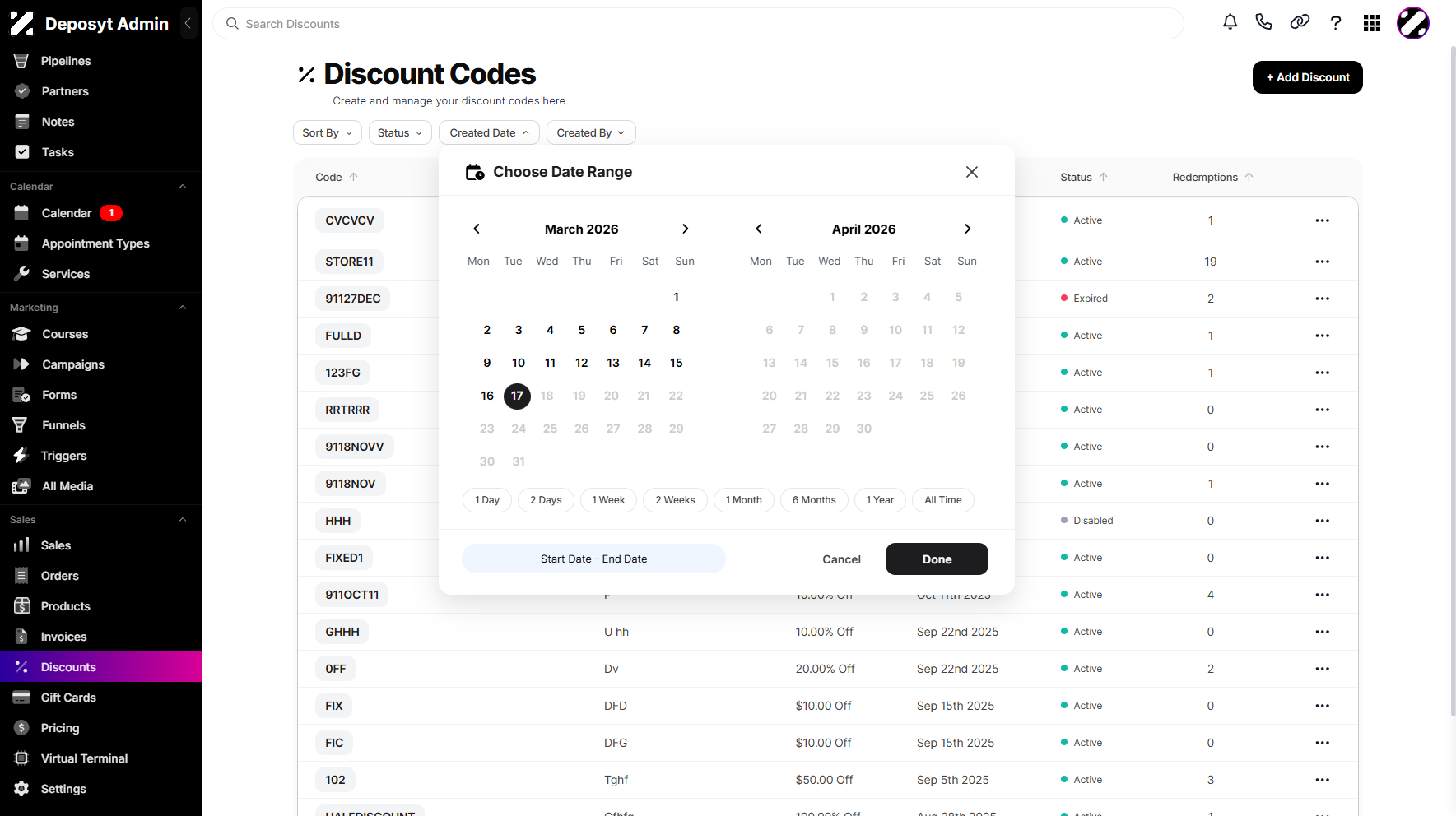 Step 4: A pop-up calendar will appear, allowing you to choose a date range to filter your discounts.