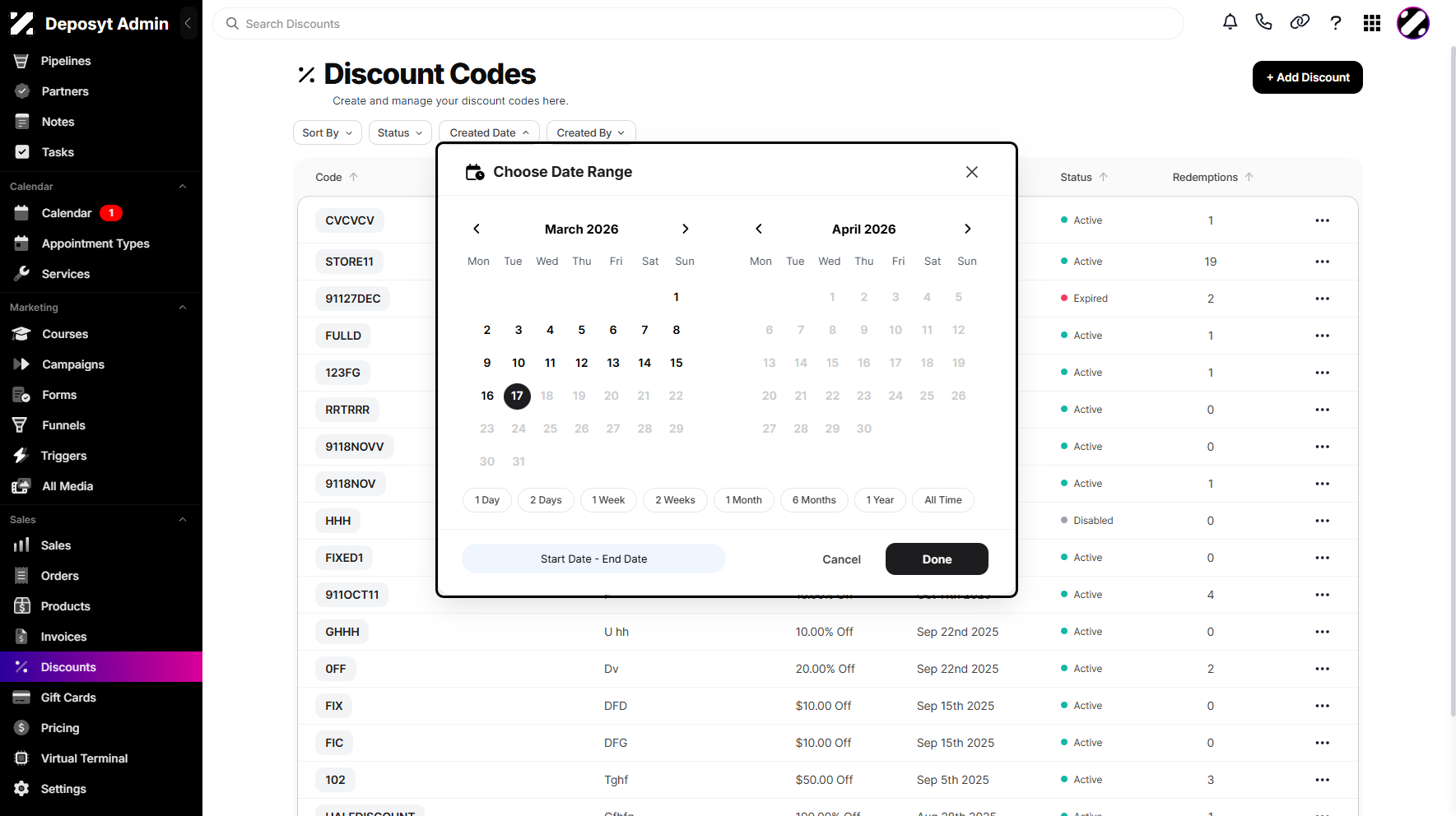 Step 4: A pop-up calendar will appear, allowing you to choose a date range to filter your discounts.