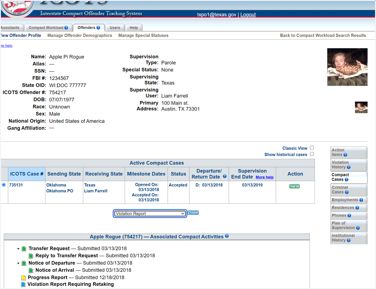 From the Profile Compact Cases tab create the Violation Report Requiring Retaking
