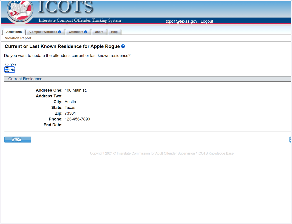 Select 'No' if the address is current. Select 'Yes' and updated the address if needed.