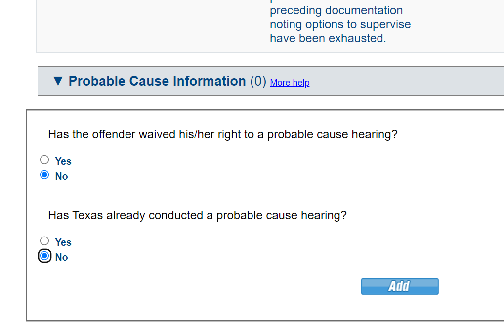 Select 'No' to both PC questions as Probable Cause documentation is typically added once apprehended on the sending state's warrant when the compact case is reopened.