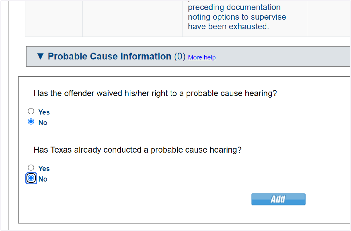 Select 'No' to both PC questions as Probable Cause documentation is typically added once apprehended on the sending state's warrant when the compact case is reopened.