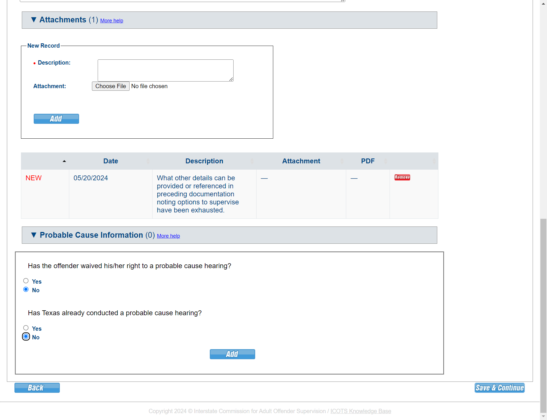 Click 'Add' to attach documentation to the violation record.