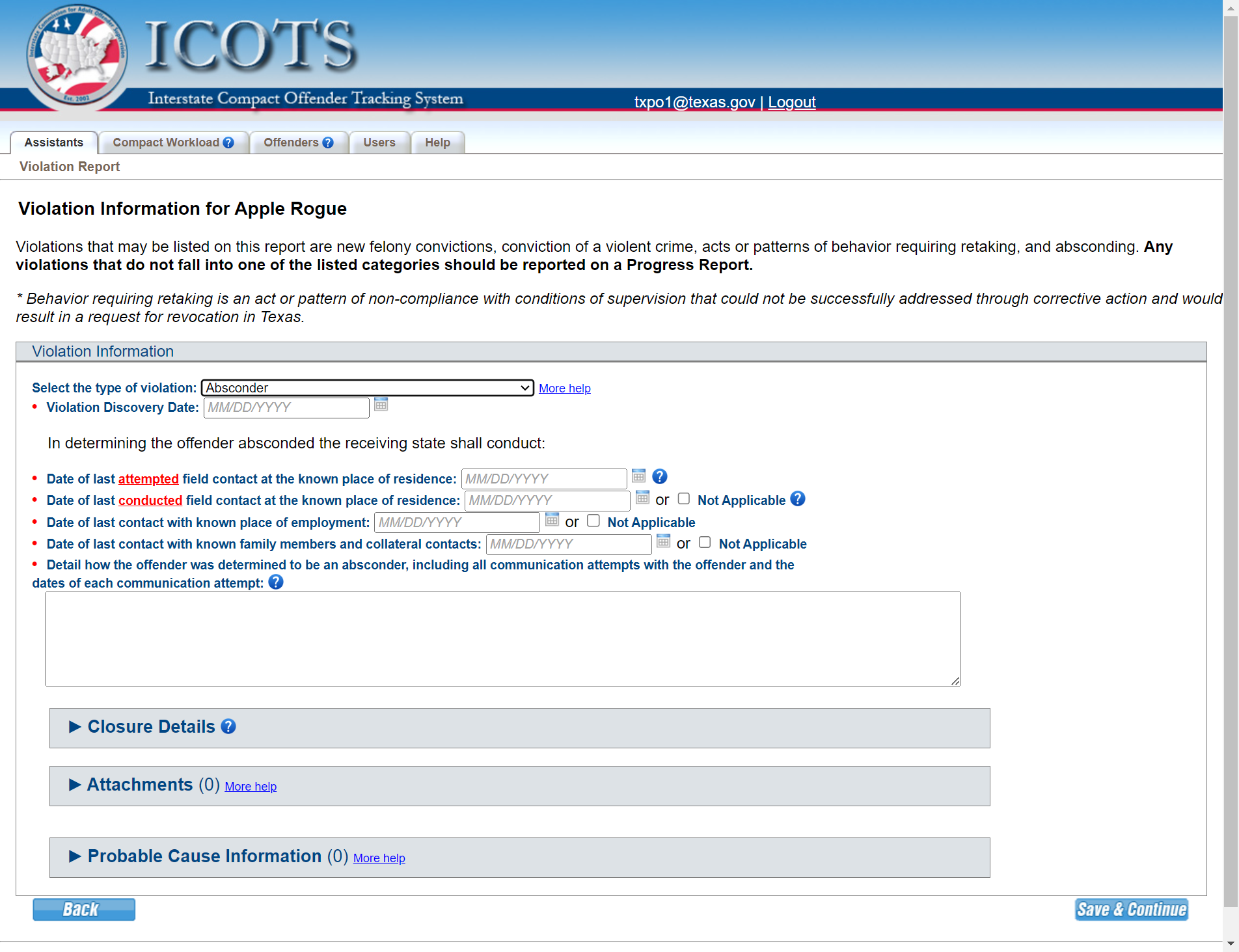 Click on 'Absconder' as Violation Type.